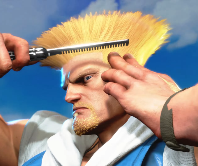 Headshot of Guile from Street Fighter 6, fixing his hair.